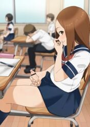 1futa 2018 2boys 2girls brown_hair censored clothing flaccid foreskin futa_focus futanari intersex karakai_jouzu_no_takagi-san long_hair looking_at_viewer masturbation multiple_boys multiple_girls penis penis_grab pointless_censoring precum skirt smile takagi-san uncut wachiwo