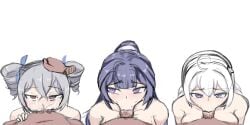 3boys 3girls blannker_(artist) blowjob blue_eyes bronya_zaychik brown_eyes cum_in_mouth drill_hair eyebrows_visible_through_hair fellatio grey_hair group_sex hair_ribbon hand_on_head honkai_impact_3rd kiana_kaslana nude oral oral_sex purple_eyes purple_hair raiden_mei twintails white_hair