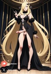 ai_generated big_breasts big_penis black_dress blonde_female blonde_hair cock colored cynthia_(pokemon) dick dress fluids futanari futanari/female grey_eyes penis pokemon sexy sexy_body sexy_pose testicles white_body white_girl white_skin