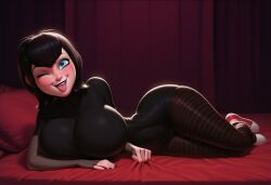 1girls ai_generated black_hair blue_eyes blush bodysuit civitai goth_girl hotel_transylvania huge_breasts looking_at_viewer lying mamely32 mavis_dracula on_bed open_mouth pantyhose short_hair smile thighhighs tongue_out vampire wink