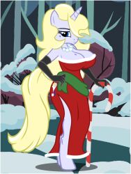 anthro beauty_mark breasts candy candy_cane christmas cleavage fanfic:drinks_are_on_us female flashequestria food holidays mare my_little_pony oc oc_only snow solo unguligrade_anthro unicorn vanilla_vodka_(oc)