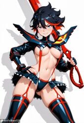 ai_generated ass_visible_through_thighs bangs black_gloves black_hair black_thighhighs blue_eyes breasts female fingerless_gloves garter_straps gloves grin hair_between_eyes hand_on_hip high_resolution highres holding holding_sword holding_weapon kill_la_kill looking_at_viewer matoi_ryuuko medium_breasts multicolored_hair navel patreon_username pleated_skirt red_hair revealing_clothes scissor_blade senketsu shiny shiny_skin short_hair simple_background skindentation skirt smile solo stable_diffusion standing stomach streaked_hair suspenders sword thighhighs thighs two-tone_hair underboob waifuscans418 weapon white_background