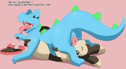 1boy 69_position ambiguous_gender ass chocolate closed_eyes diorexity food furret furry guzzle interspecies male nintendo open_mouth oral original_character penis pokémon_(species) pokemon pokemon_gsc scalie simple_background text totodile video_games