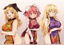 3girls big_breasts blonde_hair brown_eyes embarrassed hat kasen_ibaraki naked_tabard okina_matara pink_eyes pink_hair purple_eyes shikido_(khf) smile tabard tabard_only tabard_with_breasts_exposed touhou yukari_yakumo