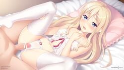 1boy artist_name babydoll bar_censor bed bed_sheet blonde_hair blue_eyes blush bow bow_panties breasts censored clothed_female_nude_male erection eyebrows_visible_through_hair female frills lingerie long_hair looking_at_viewer lying missionary navel no_shoes nude oerba_yun_fang on_back open_mouth original panties penis penis_on_pussy pillow rikorin small_breasts spread_legs straight testicles thighhighs twitter_username underwear underwear_only watermark web_address white_babydoll white_legwear white_panties