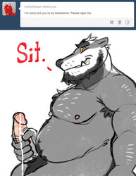 anthro arcarc armpit_hair badger dripping english_text erection grin holding_penis male male_only mammal marcus mustelid penis smile solo text tumblr