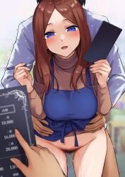 1boy 1other absurdres apron black_hair blue_apron blue_eyes blurry blurry_background bottomless breasts brown_hair brown_sweater commentary_request female female_pubic_hair go-toubun_no_hanayome highres holding holding_menu holding_pencil kouzuki_(majc8345) large_breasts long_hair menu nakano_miku open_mouth pencil pubic_hair sex sex_from_behind shirt short_hair standing standing_sex straight sweater thighs white_shirt