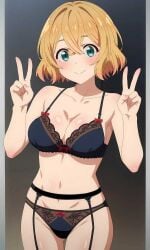 1girls ai_generated blonde_hair breasts cleavage kanojo_okarishimasu lingerie nanami_mami peace_sign short_hair smile solo underwear v_sign