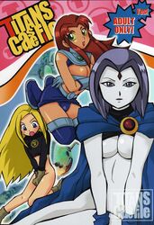 00s 2000s 3girls blonde_hair blue_eyes blush boots bottomless breasts cape cleavage comic covering_breasts covering_privates dc_comics facial_mark forehead_mark gloves green_eyes grey_eyes long_hair multiple_girls naked_cape naughty_face nude pale_skin purple_hair rachel_roth raven_(dc) red_hair short_hair smooth_skin starfire surprised teen_titans terra terra_(dc) thighs underboob