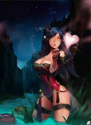 3girls ahri annie_hastur blowing_kiss cleavage eyes heart imminent_rape instant-ip large_breasts league_of_legends multiple_girls outdoors riot_games river sky starry_sky tagme teemo