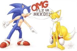 2006 anthro fox funny fur gloves gree hedgehog interspecies irony looking_at_another male male_only multiple_males nude penis pointing sega sonic_(series) sonic_team sonic_the_hedgehog sonic_the_hedgehog_(series) sonic_the_hedgehog_2 standing straight_hair tagme tails text