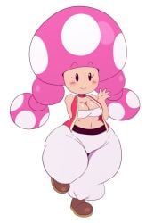 beady_eyes blush breasts chubby cleavage clothed clothing female female_only footwear hi_res huge_butt huge_hips humanoid mario_(series) midriff mob_face navel nintendo not_furry shortstack simple_background smile solo solo_female sssonic2 thick_thighs thunder_thighs toadette video_games white_background wide_hips