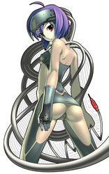 1girls artist_request ass bare_shoulders blue_hair bodysuit breasts cable cables cyborg erect_nipples female female_only flat_chest from_behind ghost_in_the_shell ghost_in_the_shell_stand_alone_complex gloves head_mounted_display kusanagi_motoko looking_back maebari midriff plugsuit purple_hair red_eyes short_hair solo source_request underboob visor white_background wire wires