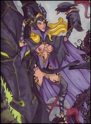 aurora_(sleeping_beauty) blonde_hair breasts cosplay diablo_the_raven disney disney_princess dragon female female_only hairy_pussy long_hair maleficent_(cosplay) nipples open_toe_shoes princess pussy royalty sleeping_beauty_(1959_film) vp