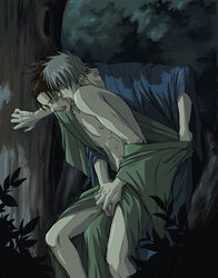 artist_request blush eyes_closed handjob hatake_kakashi japanese_clothes licking lowres male male_only multiple_males naruto night open_clothes open_shirt outdoors penis pull shirt straight_hair tree umino_iruka undressing yaoi