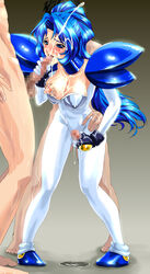 blue_eyes blue_hair blush bodysuit breast_grab breasts censored choker clothing cum cumdrip ejaculation erection fellatio female grey_background group_sex handjob maachin maaran male mosaic_censoring oral penis ponytail psychic_force psychic_force_2012 sex skin_tight sonia_(chris_ryan) straight strap_slip threesome tied_hair