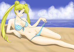 1girls beach bikini bishoujo_senshi_sailor_moon blonde_hair blue_eyes breasts female female_only female_pubic_hair long_hair mr._r_(2ch's_sailor_moon_thread) pubic_hair small_breasts solo swimsuit tagme usagi_tsukino