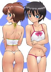 2boys abstract_background androgynous ass bare_shoulders bikini black_hair blue_eyes blush brown_hair bulge crossdressing erection erection_in_panties femboy girly little_penis male mars_symbol mound_of_venus multiple_boys panties penis penis_in_panties simple_background small_penis swimsuit thong trap underwear usura white_background