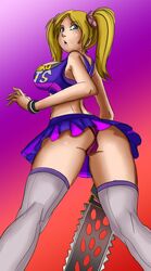 ass blonde_hair blue_eyes chainsaw cheerleader dat_ass female female_only from_below human juliet_starling lollipop_chainsaw looking_back oddrich panties pantyshot purple_panties solo thong tied_hair twintails