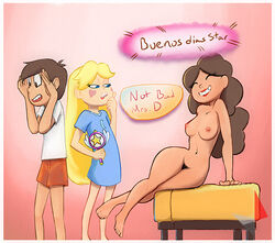 1boy 2girls age_difference angie_diaz breasts closed_eyes dark_skin disney english_text female hips male marco_diaz milf mother nipples nude pubes pubic_hair simple_background smile spanish_text star_butterfly star_vs_the_forces_of_evil text unshaved_pussy