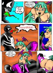 1boy 1girls artist_request breasts capcom clothing comic crossover darkstalkers demon eastern_and_western_character eddie_brock female male marvel marvel_comics marvel_vs._capcom morrigan_aensland oral_sex small_breasts spider-man_(series) straight_hair succubus symbiote venom venom_(marvel)