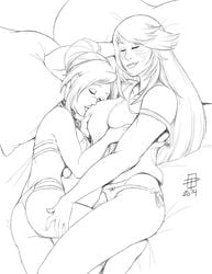 2014 2girls breast_grab breasts callmepo cuddling erilsa_(leadleaf) female female_only final_fantasy final_fantasy_xiv large_breasts line_art monochrome on_bed panties pillow roegadyn sleeping smile spooning yuri