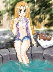 2002 artist_name blush harvest_moon hunago karen_(harvest_moon) long_hair no_bra no_panties shirt_lift shoes_removed solo towel water