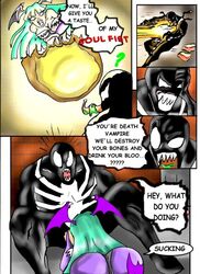 1boy 1girls artist_request breasts capcom clothing comic crossover darkstalkers demon eastern_and_western_character eddie_brock female male marvel marvel_comics marvel_vs._capcom morrigan_aensland oral_sex small_breasts spider-man_(series) straight_hair succubus symbiote venom venom_(marvel)