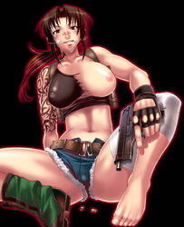 1girls areola bandage bandages bandaid big_breasts black_background black_lagoon boots breasts brown_eyes brown_hair chiba_toshirou cigarette color colored dark_hair denim denim_shorts feet female female_only fingerless_gloves footwear gloves holster human human_only large_breasts long_hair navel nipples nude_female nudity one_breast_out pink_nipples pistol ponytail revy short_shorts shorts sitting smile smoking solo tagme tattoo teeth toes torn_clothes uncensored