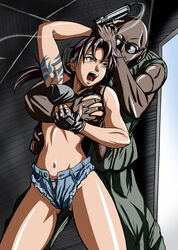 1boy 1girls angry arm_tattoo artist_request black_lagoon breast_grab breasts color colored cutoffs daisy_dukes dark-skinned_male dark_skin denim denim_shorts dutch_(black_lagoon) female grope gun handgun human imminent_rape interracial large_breasts navel open_mouth panties pistol restrained revy short_shorts shorts tank_top tattoo tied_hair tribal_tattoo weapon