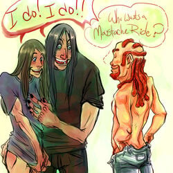 3boys beard blue_eyes bottomless closed_eyes dethklok dreadlocks gay green_eyes hand_on_ass hiding_penis long_hair male_only metalocalypse mustache nathan_explosion pants_down pickles_the_drummer pubic_hair_peek red_hair toki_wartooth