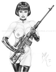 1girls 2014 actress armando_huerta celebrity female gun mathilda_lando monochrome natalie_portman solo the_professional watermark weapon