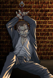 1boy 2d bondage brick_wall brown_hair button_down_shirt charles_foster_offdensen chest chest_hair dethklok dick_outline dramatic_lighting fully_clothed gagged glasses male_only metalocalypse nosebleed open_suit suit tagme tied_to_wall