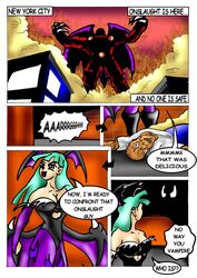 1boy 1girls artist_request breasts capcom clothing comic crossover darkstalkers demon eastern_and_western_character eddie_brock female male marvel marvel_comics marvel_vs._capcom morrigan_aensland small_breasts spider-man_(series) straight_hair succubus symbiote venom venom_(marvel)