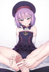 barefoot blush cum cum_on_lower_body fate/grand_order fate_(series) feet female footjob hat helena_blavatsky_(fate) parted_lips pov purple_eyes purple_hair smile toes