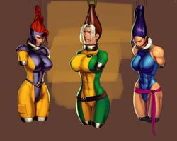 3girls aka6 amputee anna_marie belt betsy_braddock breasts brown_hair collar costume female female_only jean_grey long_hair marvel marvel_comics multiple_girls nipples psylocke purple_hair quadruple_amputee rogue_(x-men) straight_hair tagme white_hair x-men