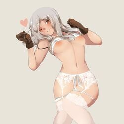 areolae blush bra breasts breasts_out brown_eyes female fire_emblem fire_emblem_awakening garter_belt grey_hair highres kyo-usa kyousa38 long_hair looking_at_viewer lying medium_breasts nipples on_back one_eye_closed parted_lips robin_(fire_emblem) robin_(fire_emblem)_(female) shirt_lift smile solo underwear