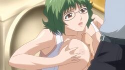 1boy animated animated_gif anime_screencap brown_eyes female glasses green_hair milf ova paizuri short_hair tsuma_to_mama_to_boin uncensored yotsuba_kisae