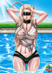 7th-heaven arms_up blindfold blonde_hair breasts collar crescent ear_piercing earrings female geidy large_breasts long_hair navel nipples no_bra original outdoors panties pool see-through solo sunlight thigh_gap underwear water wet wet_hair wet_shirt wide_hips