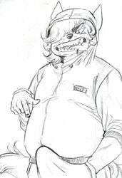 2016 5_fingers anthro biped black_and_white canine clothed clothing drooling erection erection_under_clothes eyebrows fluffy fluffy_tail front_view hair hair_over_eye half-length_portrait hand_in_pocket hatching_(technique) hi_res hoodie humanoid_hands hwi-jeong_(ryonggay) kemono looking_down male male_only mammal monochrome naughty_face open_mouth open_smile overweight overweight_male pants pencil_(artwork) pockets pointing pointing_at_penis pointing_at_self portrait presenting ryonggay saliva sharp_teeth simple_background smile solo standing teeth thick_eyebrows tongue tongue_out traditional_media_(artwork) whisker_spots white_background wolf