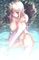 asa_(xametaler) bathing blonde_hair breasts cameltoe copyright_request curvy elf female g-string hips large_breasts leg_up legs light_smile long_hair nipples panties partially_visible_vulva pointy_ears puffy_nipples purple_eyes smile solo tattoo thighhighs thighs thong underwear wet white_legwear white_panties wide_hips