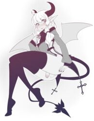 <3_eyes 1boy balls blush bottomless chains clothed clothing collar cross girly hair half-erect heart hooves horn horns humanoid jacket legwear looking_at_viewer male partially_clothed penis pointy_ears restricted_palette smile smirk solo suelix tail thigh_highs thighhighs trap white_hair wings