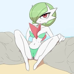 beach bikini cameltoe come_hither gardevoir green_hair masterploxy nintendo pokemon pokemon_(species) sitting white_skin wide_eyes