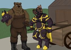 2017 absurd_res anthro bear bit_gag bodysuit brown_fur canine cart chastity chastity_cage clothing domination duo fur gag gagged harness_bit_gag hi_res hypnosis male mammal mask mind_control muscular muscular_male muzzle_(object) muzzled overalls penis petplay plaguedobsession ponyplay public riding_crop roleplay rubber shiny slightly_chubby spiral spiral_eyes tight_clothing whip yaoi