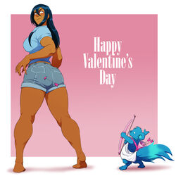 1girls 2018 ass barefoot black_hair bomango breasts cupid dark-skinned_female dark_skin english_text feet female gogo_bomango hand_on_hip heels holidays human jeans long_hair looking_down text valentine valentines_day vanheist yellow_eyes