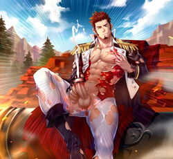 1boy abs bar_censor bara blue_eyes boots brown_hair cape censored chest chest_scar chrisanother cum ejaculation epaulettes erection facial_hair fate/grand_order fate_(series) feet_out_of_frame goatee huge_weapon jacket_pull leaning_back long_sleeves male_focus male_masturbation male_only masturbation military military_uniform mosaic_censoring muscle napoleon_bonaparte_(fate) nipples one_eye_closed open_clothes pants penis red_cape scar shirt shirt_pull short_hair sideburns smile solo tight torn_clothes torn_pants torn_shirt uniform weapon