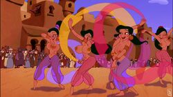 aladdin arabian_clothes audience being_watched big_breasts breasts clothed_male dancer dancing dark-skinned_female dark_skin disney earrings edit edited_screencap female half_naked harem_girls harem_girls_(aladdin) harem_outfit legs lipstick mrsynn nipple_rings nipples nipples_touching pubic_hair public_topless pussy screenshot screenshot_edit see-through see-through_panties smile tied_hair topless