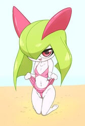 1girls bikini female female_only flat_chest green_hair kirlia looking_at_viewer masterploxy nintendo non-human_bra on_knees open_mouth open_smile pink_eyes pokemon pokemon_(species) short skirt_lift smile solo tagme white_skin