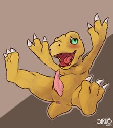 2017 agumon animal_genitalia anus blush digimon digital_media_(artwork) dinosaur erection genital_slit male male_only nude penis scalie simple_background siriuswolfus slit smile solo teeth tongue yellow_skin