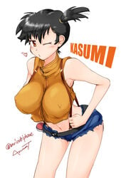 1girls armpits arumat asymmetrical_hair bare_arms bare_shoulders belt black_hair blown_kiss blush breasts brown_eyes crop_top denim denim_shorts erect_nipples erect_nipples_under_clothes female female_only hands_on_hips heart human human_only impossible_clothes impossible_shirt kasumi_(pokemon) large_breasts leaning_forward looking_at_viewer midriff misty_(pokemon) misty_(the_electric_tale_of_pikachu) navel nintendo nipples one_eye_closed poke_ball pokemon pokemon_(manga) ponytail shirt short_hair short_shorts shorts side_ponytail sleeveless smile solo standing tagme the_electric_tale_of_pikachu tied_hair